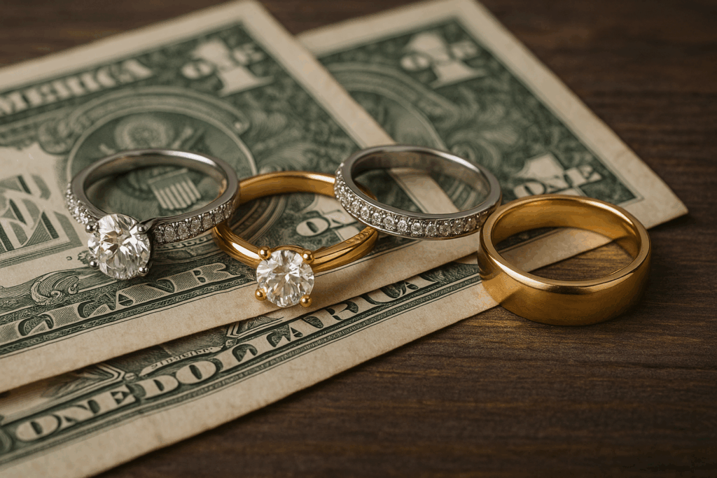 two wedding bands and two diamond rings