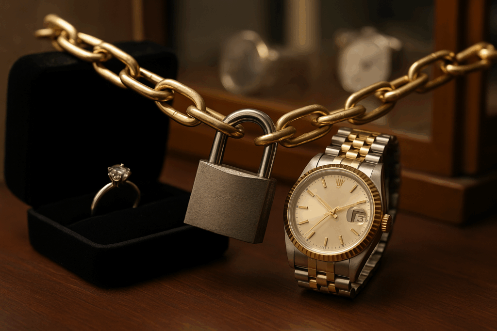 gold watch with a chain and lock simulating the protection of the shop items.