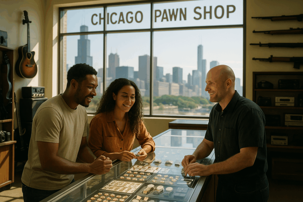 Smiling couple browsing gold coins and watches inside a Chicago pawn shop with the city skyline in the window