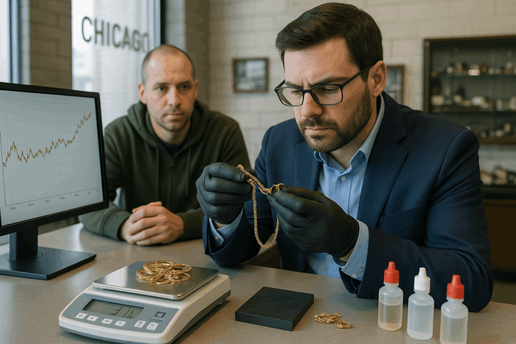 Expert pawnbroker in Chicago carefully appraising a gold chain with a digital scale testing bottles and a gold price chart while the seller watches