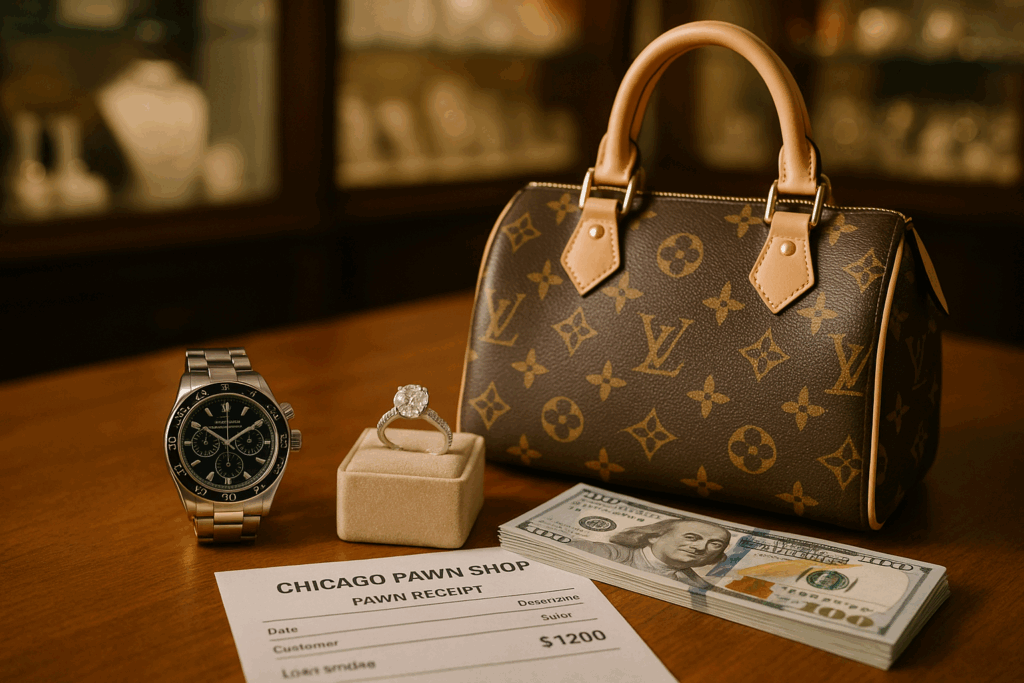 Luxury watch diamond ring designer handbag cash and a Chicago pawn shop receipt arranged on a counter to show high value items being sold for top dollar