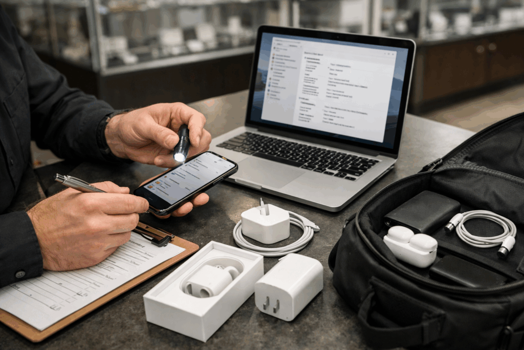 Desk with laptop, phone, paperwork, and coffee by a window overlooking a city skyline at dusk