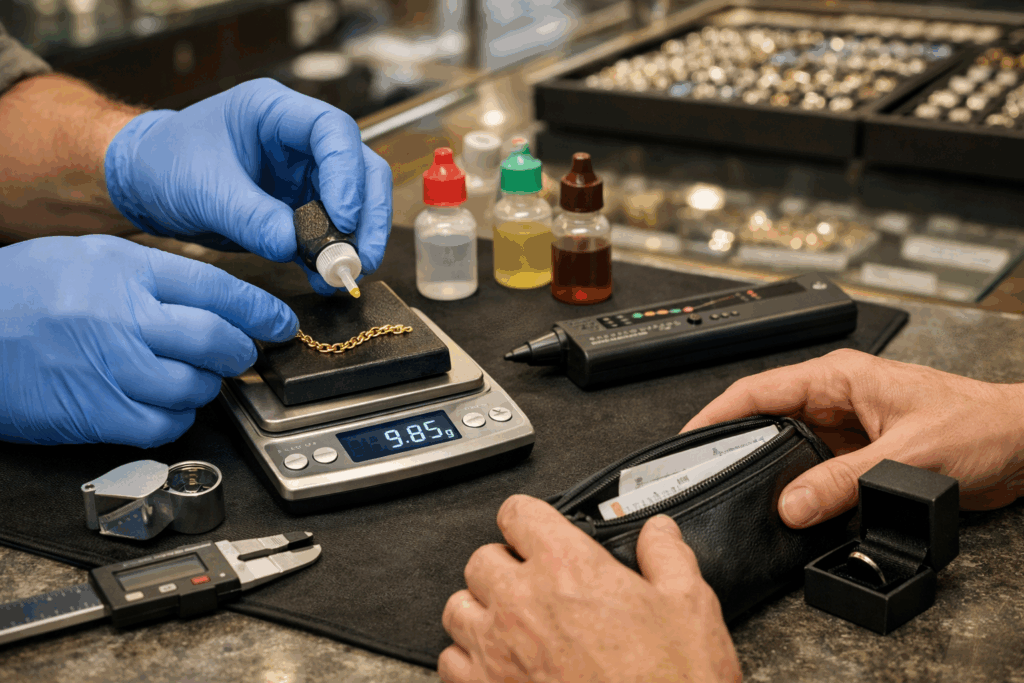 Pawn shop staff testing and weighing a gold chain on a digital scale during an in store appraisal