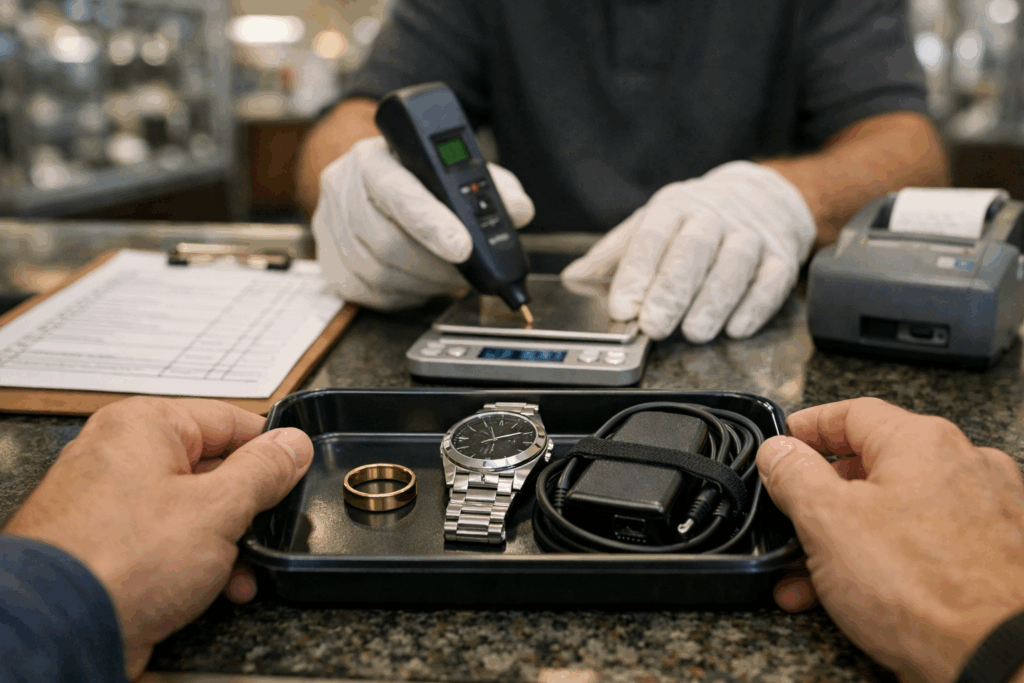 Customer presenting a tray with a watch, ring, and charger while a pawn shop staff member tests an item on a scale at the counter