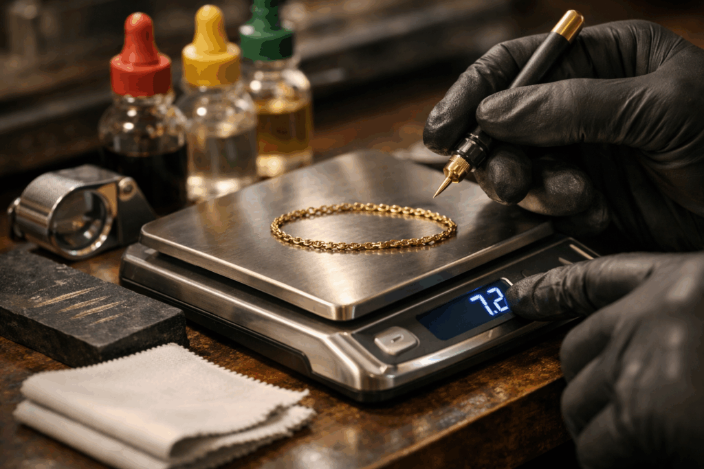 Jeweler wearing black gloves testing a gold bracelet on a digital scale with acid bottles, loupe, and testing stone on a wooden counter