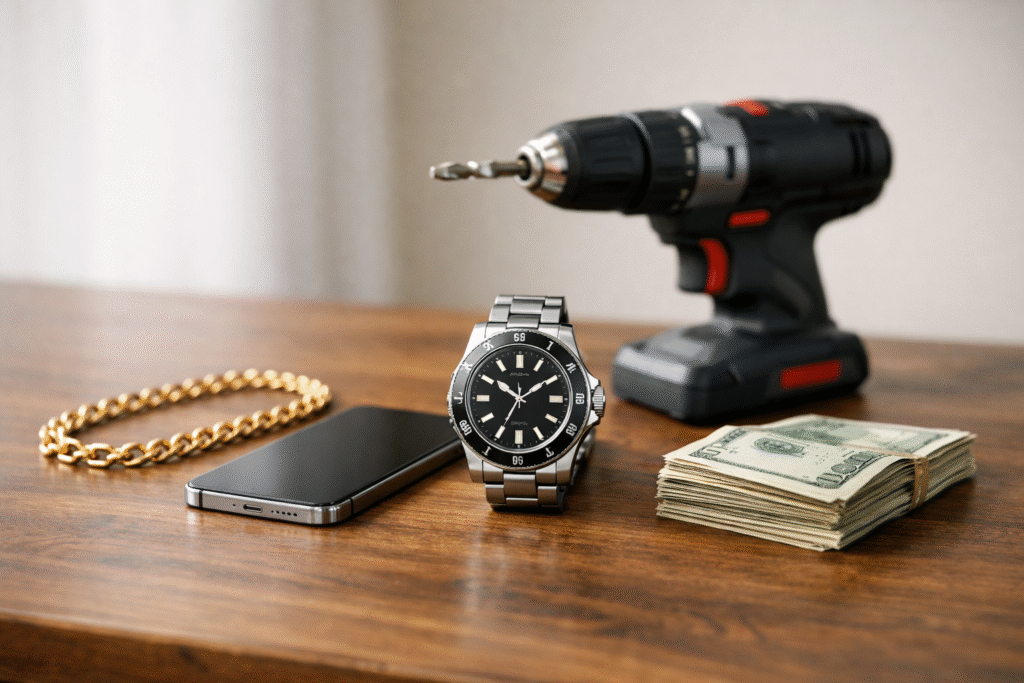 Common items people pawn for quick cash, including a watch, phone, gold chain, power tool, and cash on a table