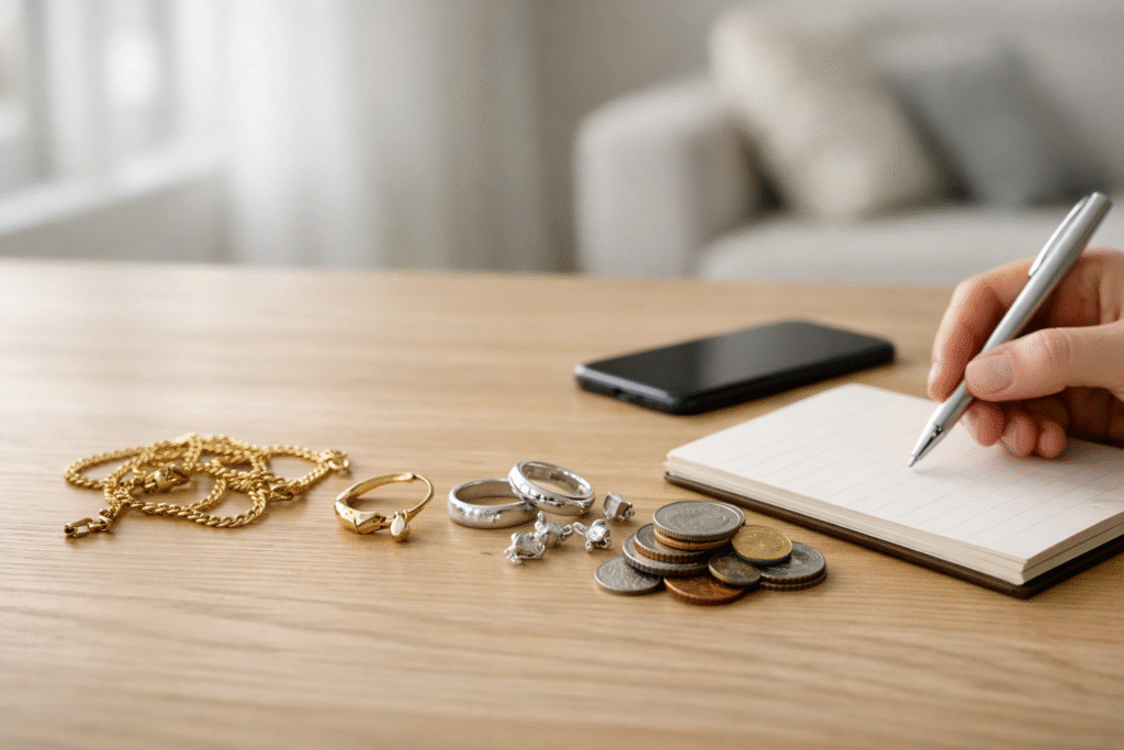 Jewelry and coins laid out for a cash decision, including gold chains, rings, loose silver pieces, and coins next to a notepad and phone