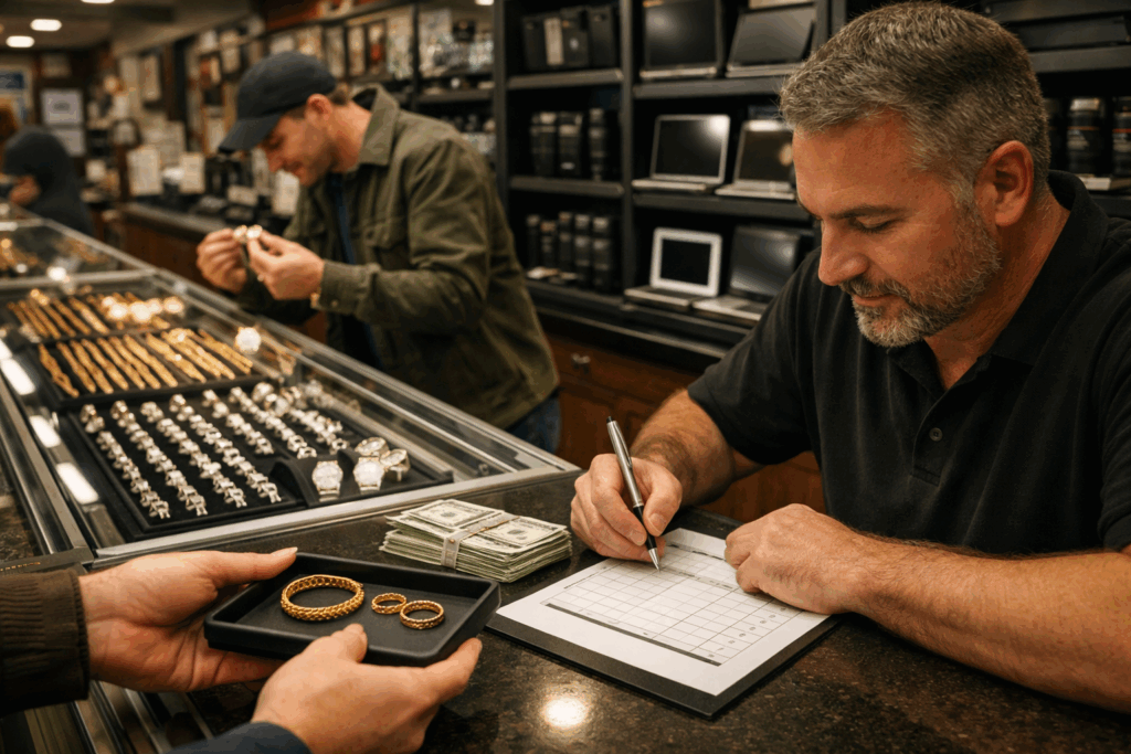Customer selling gold bracelets and rings while a pawnbroker writes up the ticket next to stacks of cash and trays of gold and silver jewelry inside a busy Chicago gold pawn shop.