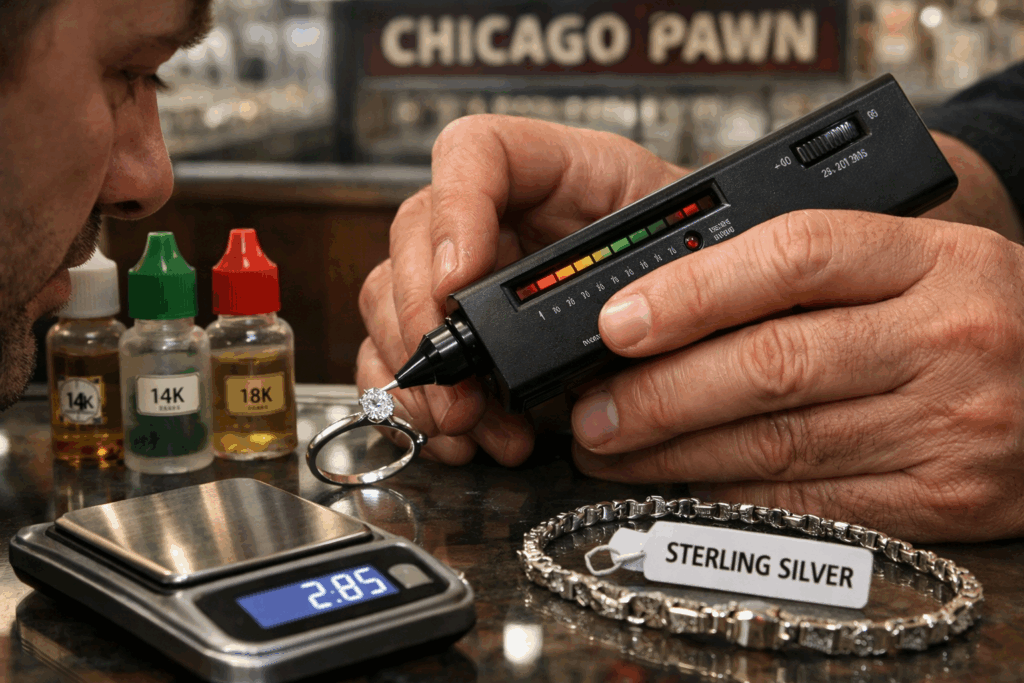 Close up of a pawnbroker using an electronic tester to check a diamond engagement ring beside sterling silver jewelry, gold testing liquids and a digital scale in a Chicago pawn shop.