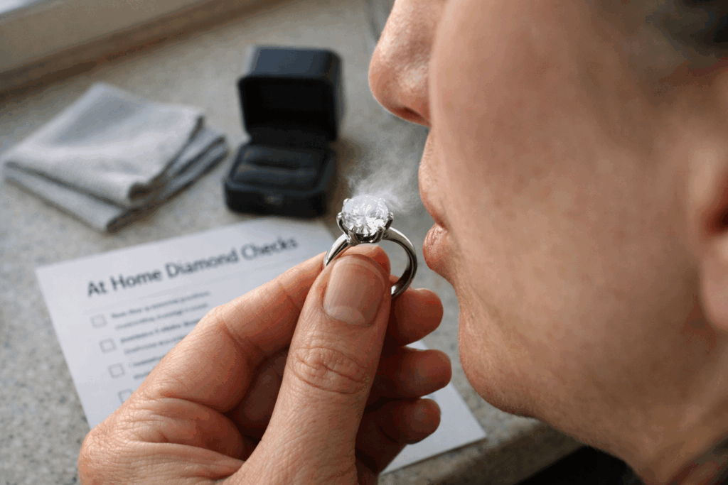 Person performing the fog test by breathing on a diamond ring at a kitchen counter with an at home checklist nearby
