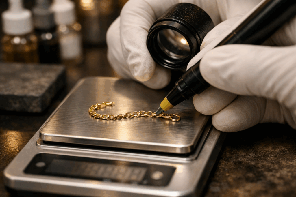 Jeweler testing a gold chain on a precision scale with loupe and marker for purity verification