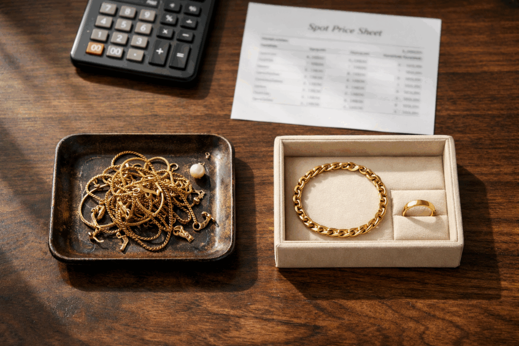 Scrap gold pile and wearable gold bracelet and ring laid out beside a spot price sheet for value comparison