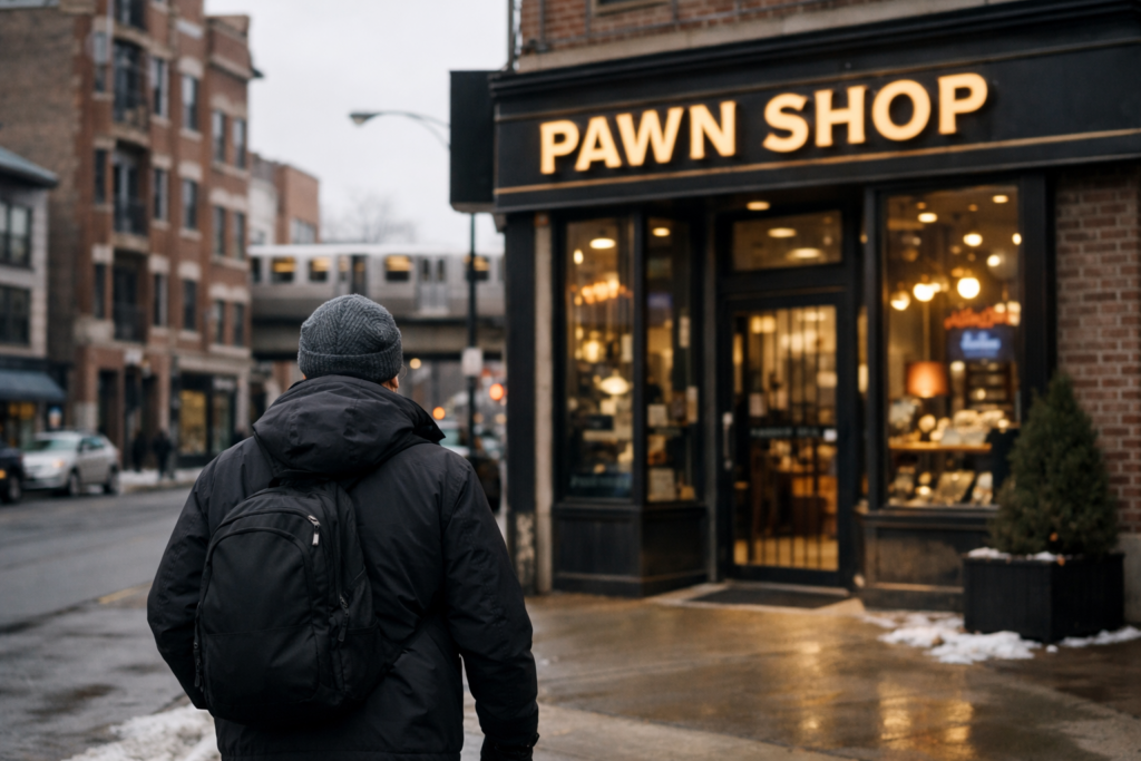Person walking toward a Chicago pawn shop storefront on a city street in winter