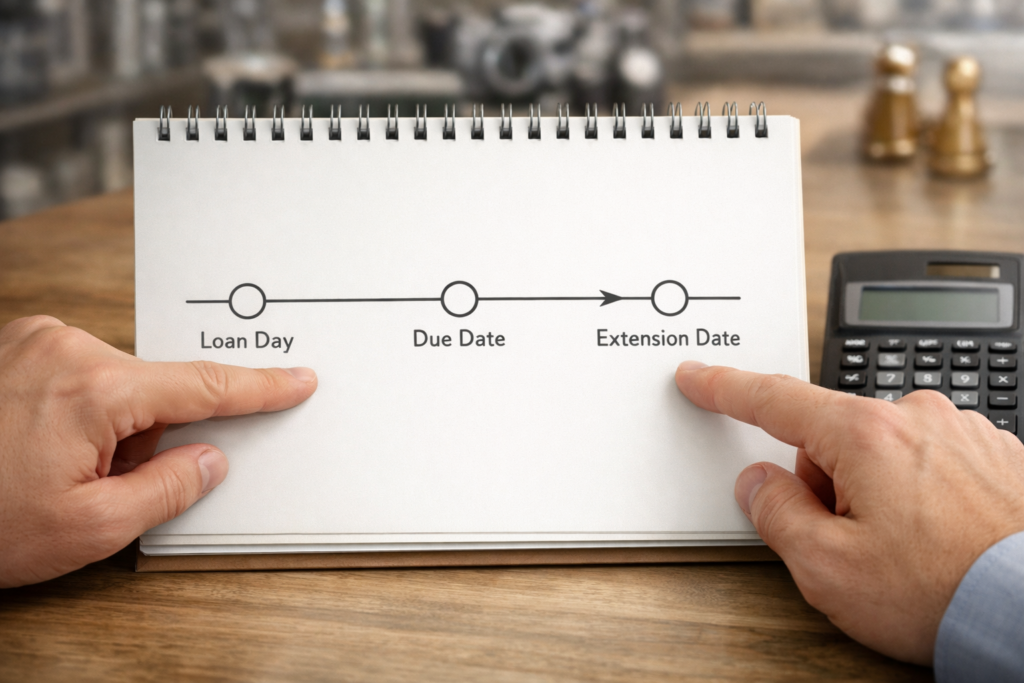 Hands pointing to loan timeline showing loan day, due date, and extension date