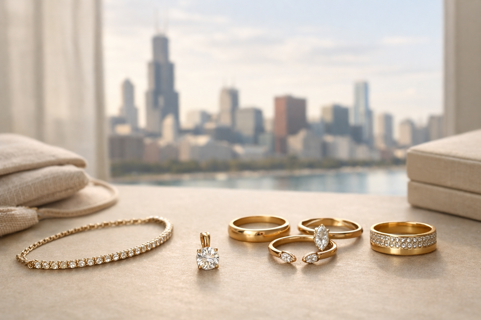 Gold rings and diamond jewelry displayed with Chicago skyline in background