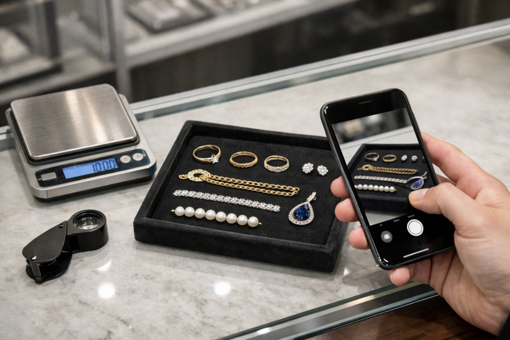 Jewelry arranged on tray at pawn counter while seller photographs items for documentation